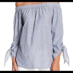 beachlunchlounge Off the Shoulder Seersucker Long Sleeve Top